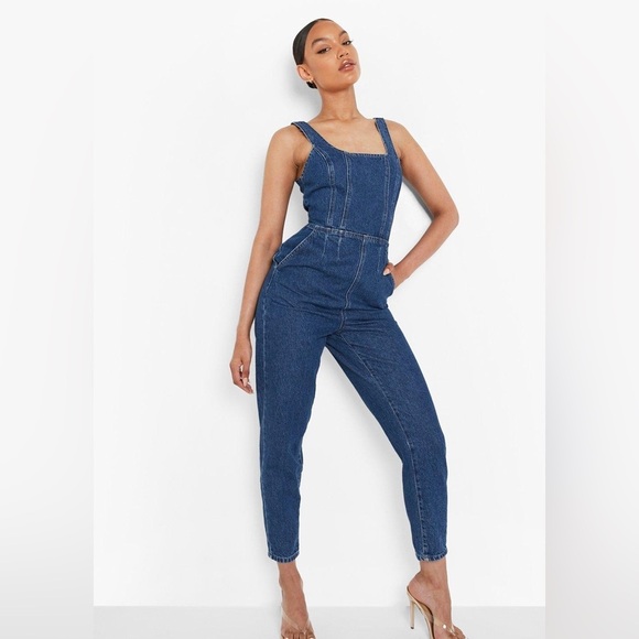 Boohoo Square neck tapered Denim Jumpsuit- Size 6 - Picture 4 of 12